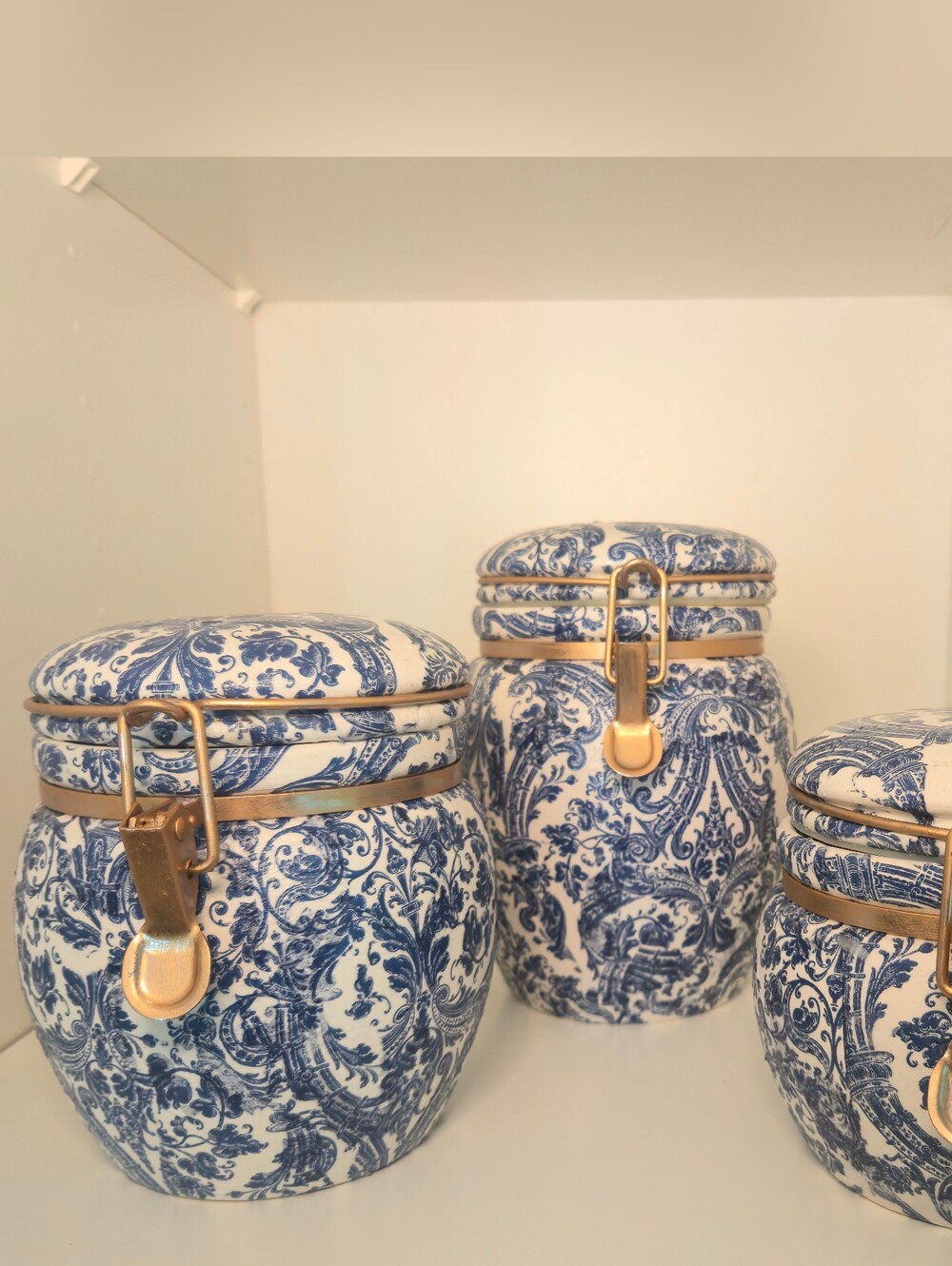 Decorative Decoupage Blue & White French Toile Canister Set Of 3